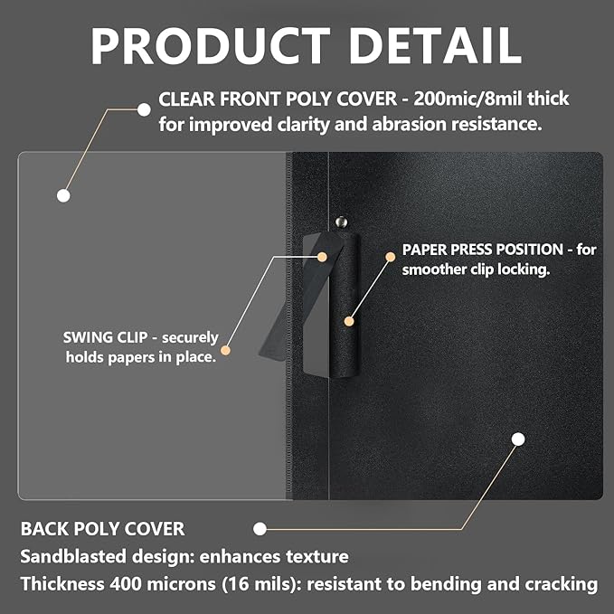 TOTiyea 10 Pack Clear Report Covers with Swing Clip, File Folder with Swing Clip, 30 Sheets Capacity, Slide Locking Report Covers, Letter Size (Black, 10 Pack)