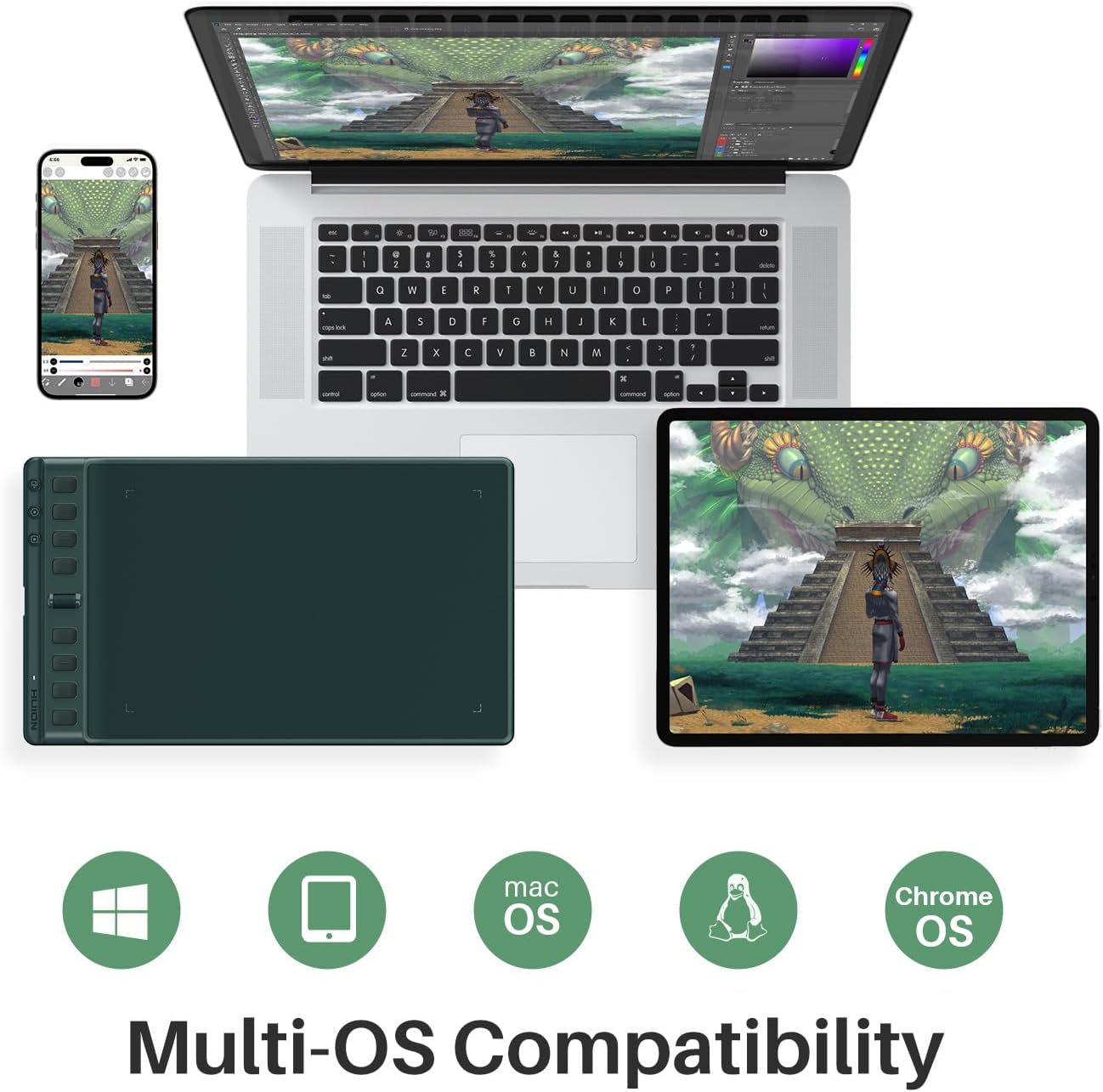 HUION Inspiroy 2 Medium Drawing Tablet with Scroll Wheel 8 Customized Keys Battery-Free Stylus for Digital Art, Design, Sketch, 9x5inch Graphics Tablet Works with Mac, PC & Mobile, Green