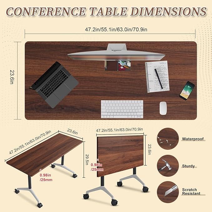 Folding Conference Room Table, Modern Conference Tables with Wheels, Large Rectangular Mobile Training Tables for Office Classroom, Foldable Modular Boardroom Seminar Table (2pack L63in)