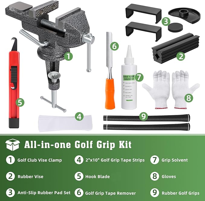 All-in-One Golf Grip Kit for Regripping Golf Clubs, 360° Swivel Portable Table Vise Rubber Clamp Golf Grip Removal Tool with Golf Grip Replacement Tape and Solvent, Golf Club Regripping Kit