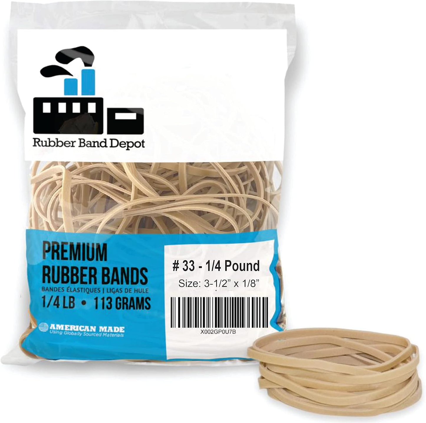 Rubber Band Depot, Size #33, Everyday Rubber Bands - Rubber Band Measurements: 3-1/2" x 1/8'' - Approximately 820 Rubber Bands Per Bag - 1/4 Pound Bag