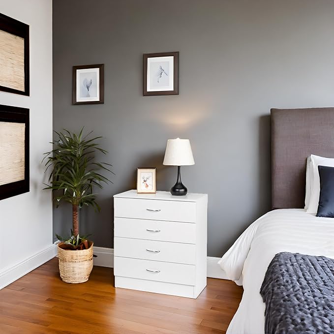 Karl home 4 Drawer Dresser for Bedroom, Small Chests of Drawers Modern Nightstand, White Dresser Chest with 4 Storage Drawers, Dressers for Nursery, Hallway, Living Room, Closet