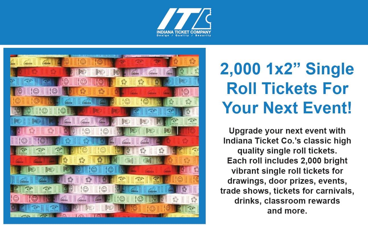 INDIANA TICKET CO. Raffle Roll Tickets Star - 2000 Tickets Each in Blue, Red, Yellow, & Green (8000 Total) 1x2 Tickets Admission, Events, Fundraisers, Prizes, Classroom Rewards, (Pack of 4)