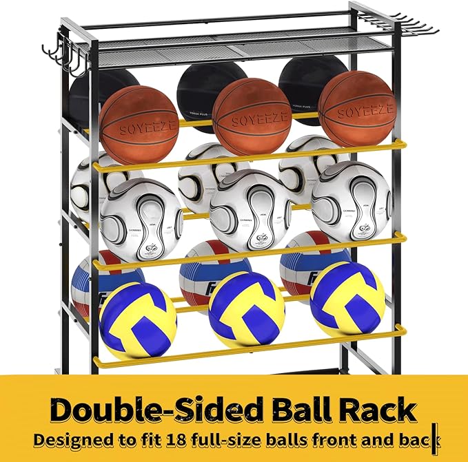 SOYEEZE Garage Sports Equipment Organizer-Large 5 Layer Ball Storage, Basketball Stand Holder, Outdoor toy storage, Baseball Bat Rack, Rolling Ball Cart with Hooks and Wheels for Indoor/Outdoor Use