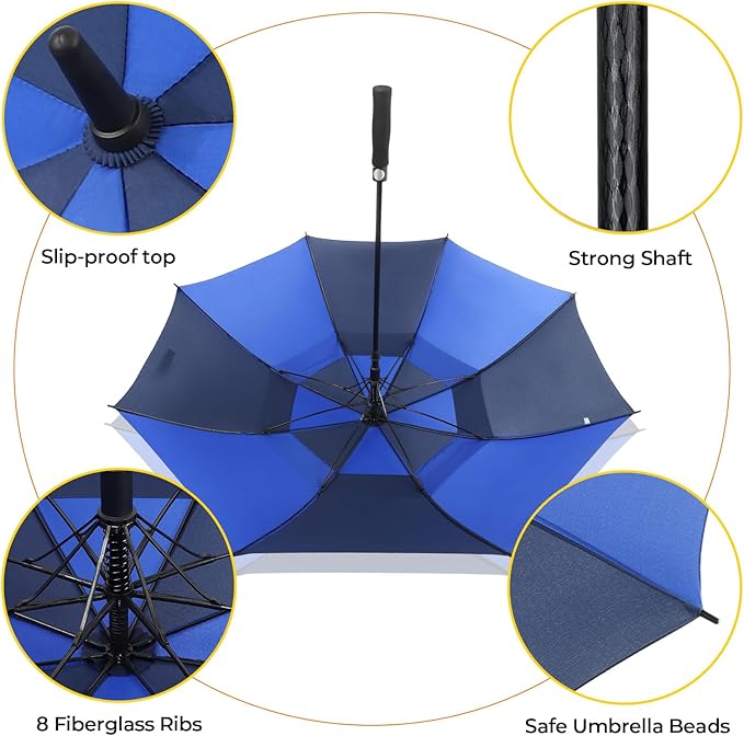 LLanxiry Automatic Open Golf Umbrella 54/62/68/72 Inch, Extra Large Windproof Vented Double Canopy Stick Umbrella, 210T Pongee Waterproof SPF 50+, Fiberglass Ribs, EVA Grip for Golf & Commute