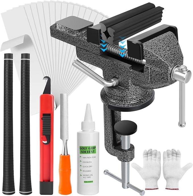All-in-One Golf Grip Kit for Regripping Golf Clubs, 360° Swivel Portable Table Vise Rubber Clamp Golf Grip Removal Tool with Golf Grip Replacement Tape and Solvent, Golf Club Regripping Kit