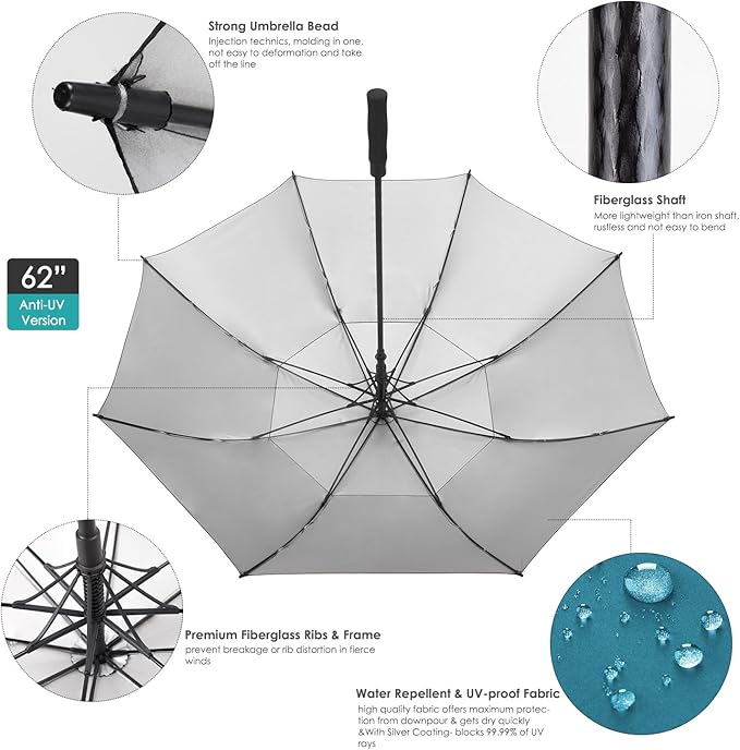 ZEKAR 54/62/68 inch Rain/Sun Windproof Large UV Protection Golf Umbrella