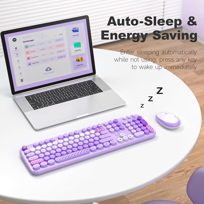 Wireless Keyboard and Mouse, Typewriter Full Size Keyboard with Number Pad and 2 in 1 USB Connected Mouse for Windows 7/8/10, Laptop, Desktop, PC, Computer (Purple Colorful)