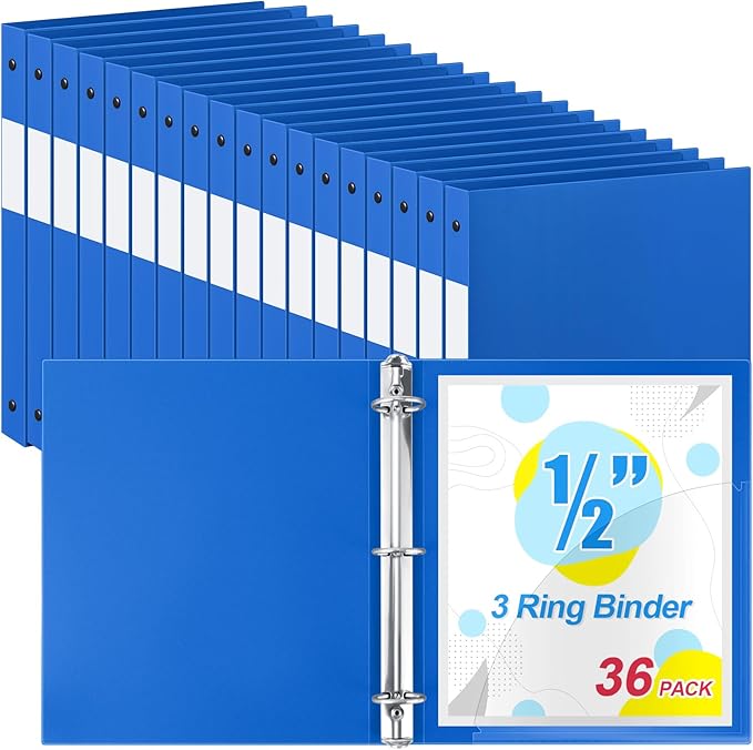 Henoyso 36 Pcs 3 Ring Binder 1/2'' Round Fits Letter Size 8. 5'' x 11'' Paper Plastic Flexible Binder Holds 100 Sheets with 1 Pockets Versatile Organizer for Office Home School (Blue)