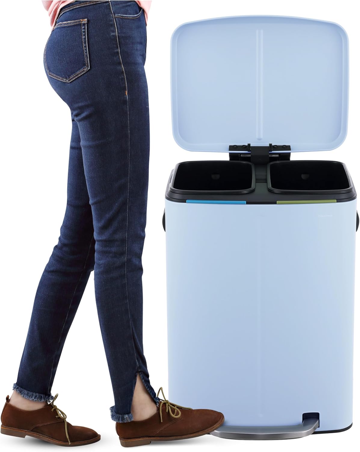 happimess HPM1005H Marco Rectangular 10.6-Gallon Double Bucket Trash Can with Soft-Close Lid, Tide Pool Blue, Fingerprint Resistant, Modern, Minimalistic for Home, Kitchen, Office, Bedroom, Bathroom