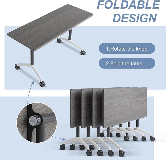 Folding Conference Table, Mobile Training Table for Office Conference, Modern Modular Rectangular Work Desk Meeting Seminar Work Tables with Caster Wheels, Large Breakroom Tables (2Pack L55.1in)