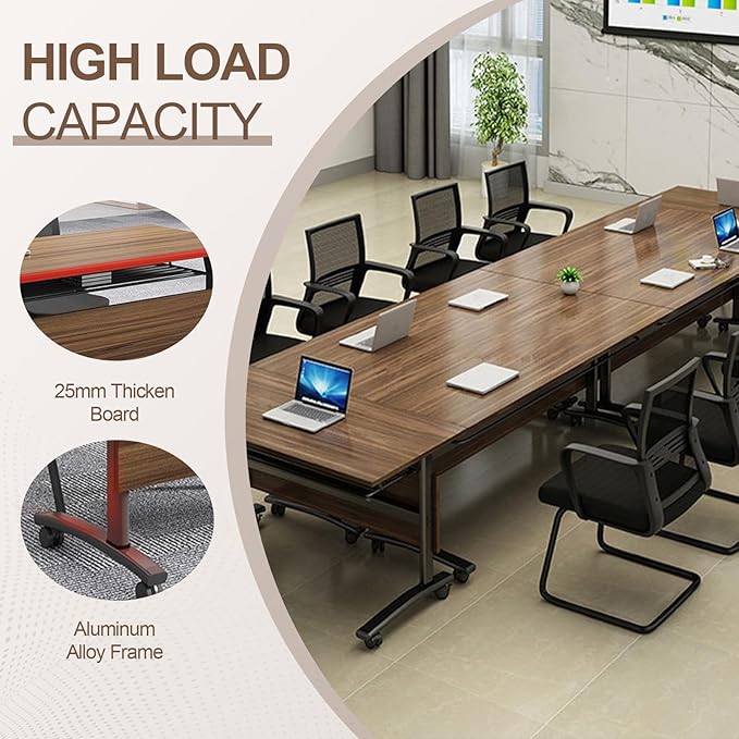 Folding Conference Room Table, Modern Conference Tables with Wheels, Large Rectangular Mobile Training Tables for Office Classroom, Foldable Modular Boardroom Seminar Table Walnut (6pack L63in)