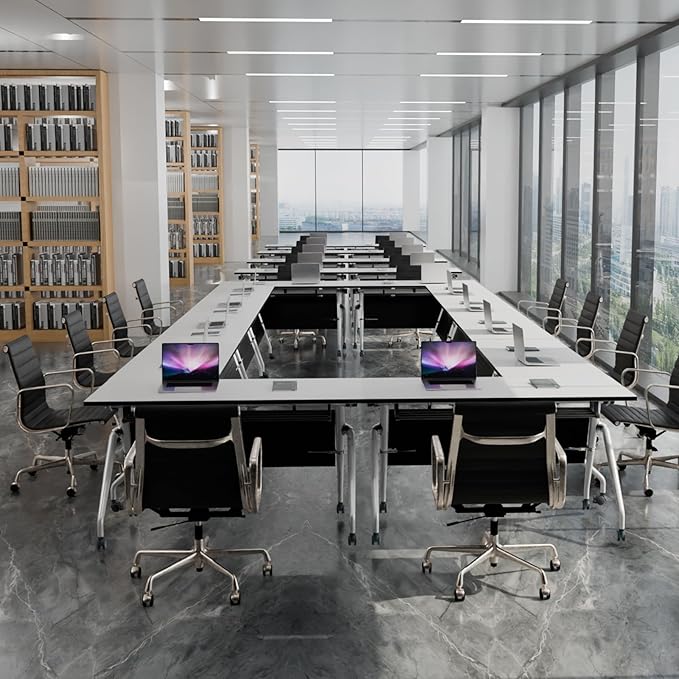 Conference Table, Folding Conference Room Tables, Mobile Training Tables with Silent Wheels, Large Rectangular Modular Seminar Table Office Computer Desks for Classroom White (2Pack L55.1in)