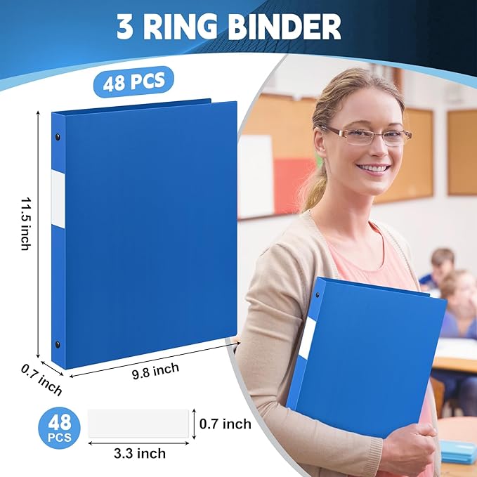 Henoyso 48 Pcs 3 Ring Binder 1/2'' Round Fits Letter Size 8. 5'' x 11'' Paper Plastic Flexible Binder Holds 100 Sheets with 1 Pockets Versatile Organizer for Office Home School (Blue)