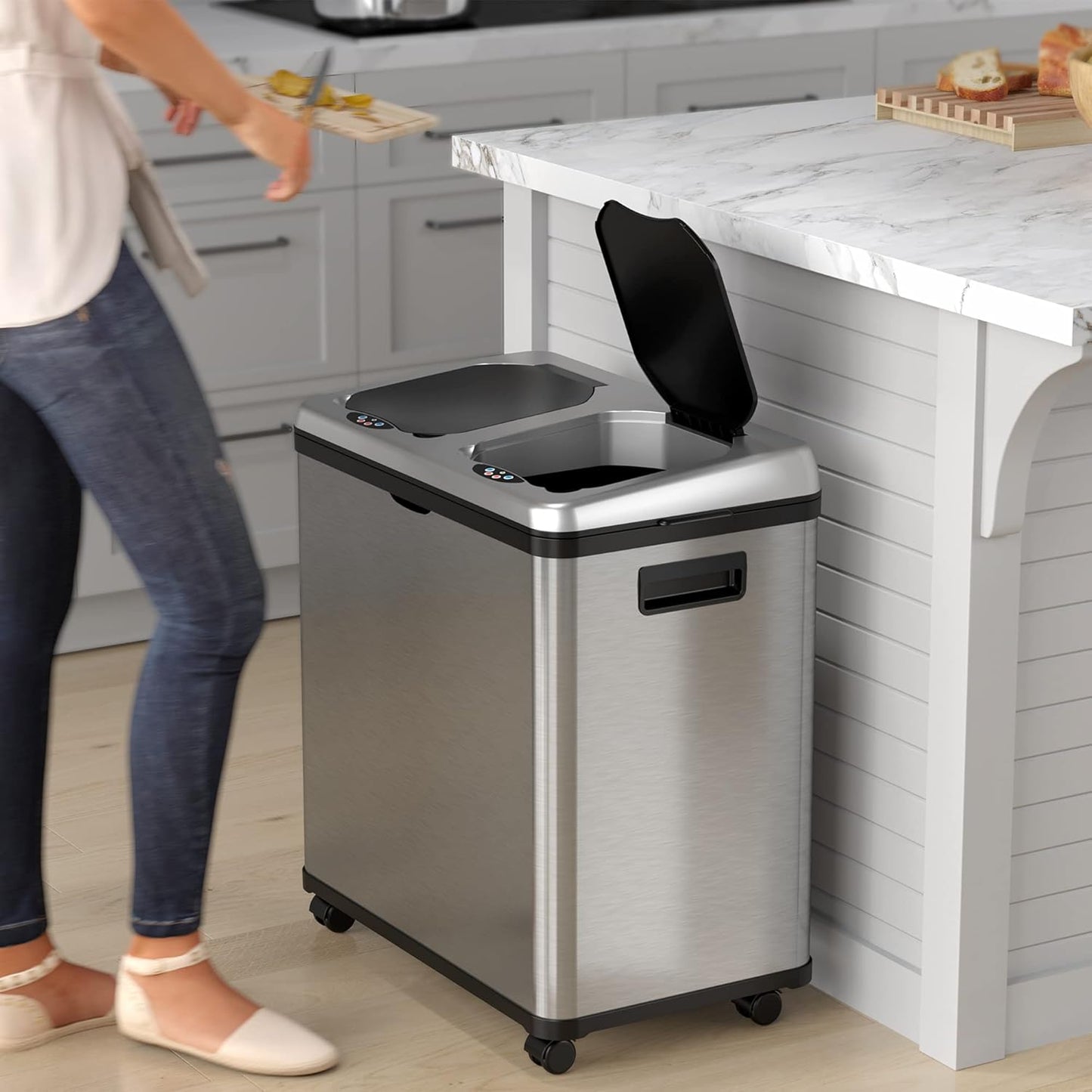 iTouchless 16 Gallon Touchless Sensor Trash Can and Recycle Bin with Wheels, 60 Liter Stainless Steel Dual-Compartment (2 x 8 Gallon) Kitchen Recycling and Garbage Trashcan