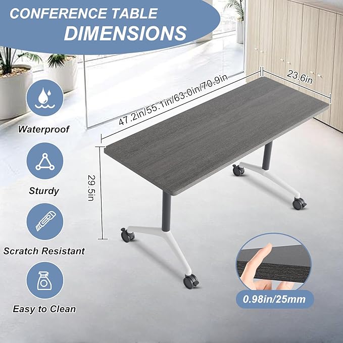 Folding Conference Table, Mobile Training Table for Office Conference, Modern Modular Rectangular Work Desk Meeting Seminar Work Tables with Caster Wheels, Large Breakroom Tables (4Pack L63in)