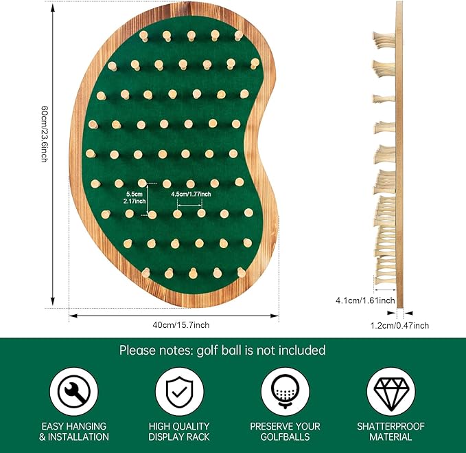 40 Golf Ball Display Rack Cabinet Holder Case - Wall Mount Golf Gifts for Enthusiasts - Unique Putting Green Shape