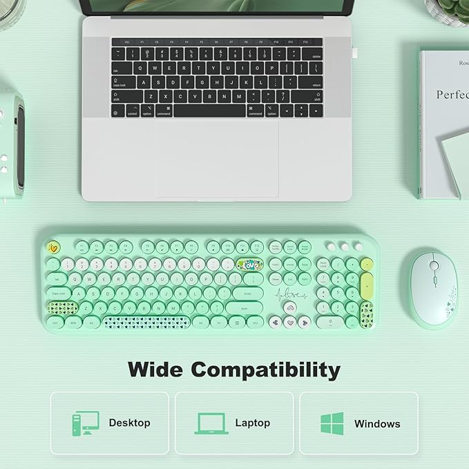 MOFII Wireless Keyboard and Mouse Combo, Cute Full Size Retro Typewriter Keyboard and Wireless Mouse, 2.4GHz Set for PC/Desktop/Laptop/Windows (Green Colorful)