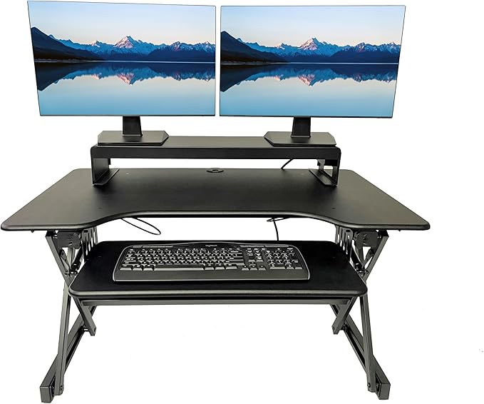 Rocelco 40" Height Adjustable Standing Desk Converter with AC Outlet USB Charger and Dual Monitor Stand - Tabletop Riser Computer Workstation - Sliding Keyboard Tray - Black (R DADRB-40-ACUSB-DMS)