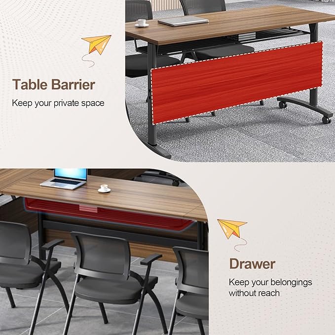 Folding Conference Room Table, Modern Conference Tables with Wheels, Large Rectangular Mobile Training Tables for Office Classroom, Foldable Modular Boardroom Seminar Table Walnut (2pack L70.9in)