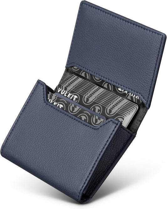 Real Leather Business Card Holder Premium RFID Blocking Card Case with ID Window and Magnetic Closure Holds Up to 40 Business Cards (Grain Navy)