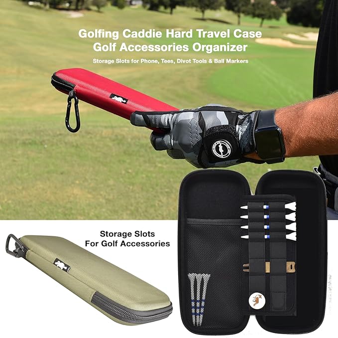 Platypus Golf Co. Golfing Caddie Hard Travel Case Golf Accessories Organizer - Mesh Pocket & Storage Slots for Phone, Tees, Divot Tools & Ball Markers - Golfers Cases for Men & Women in Olive Green