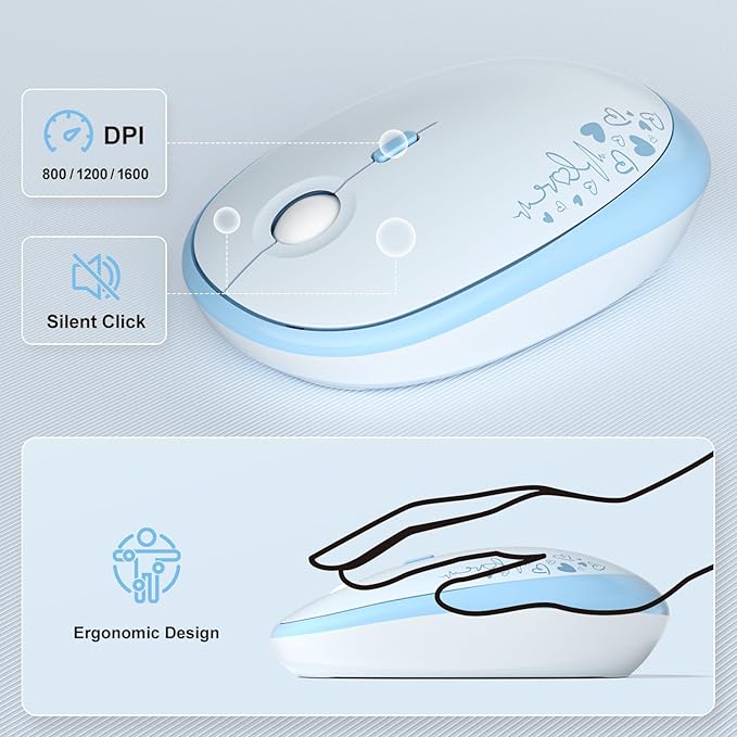 Wireless Keyboard and Mouse Combo, MOWUX Full Size Typewriter Retro Round Computer Keyboard, Cute Optical Mouse Wireless, Plug and Play, for Laptop, PC, Computer - Blue Heart