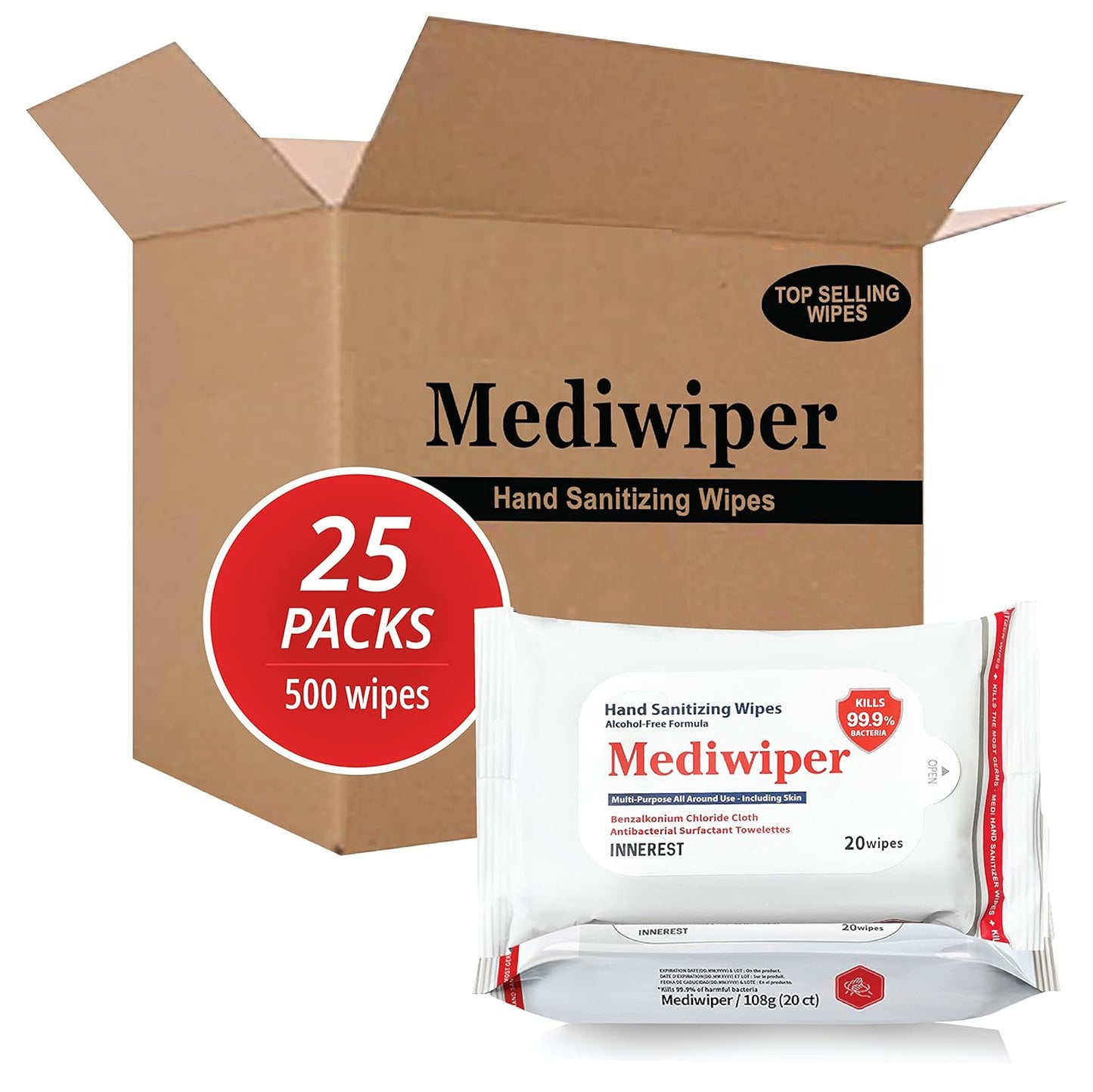 Mediwiper 500 Wipes (20Count*25Pack) Alcohol-Free Sanitizing Wipes Disinfecting Large Unscented Wet Wipes Bulk, Hand Sanitizer
