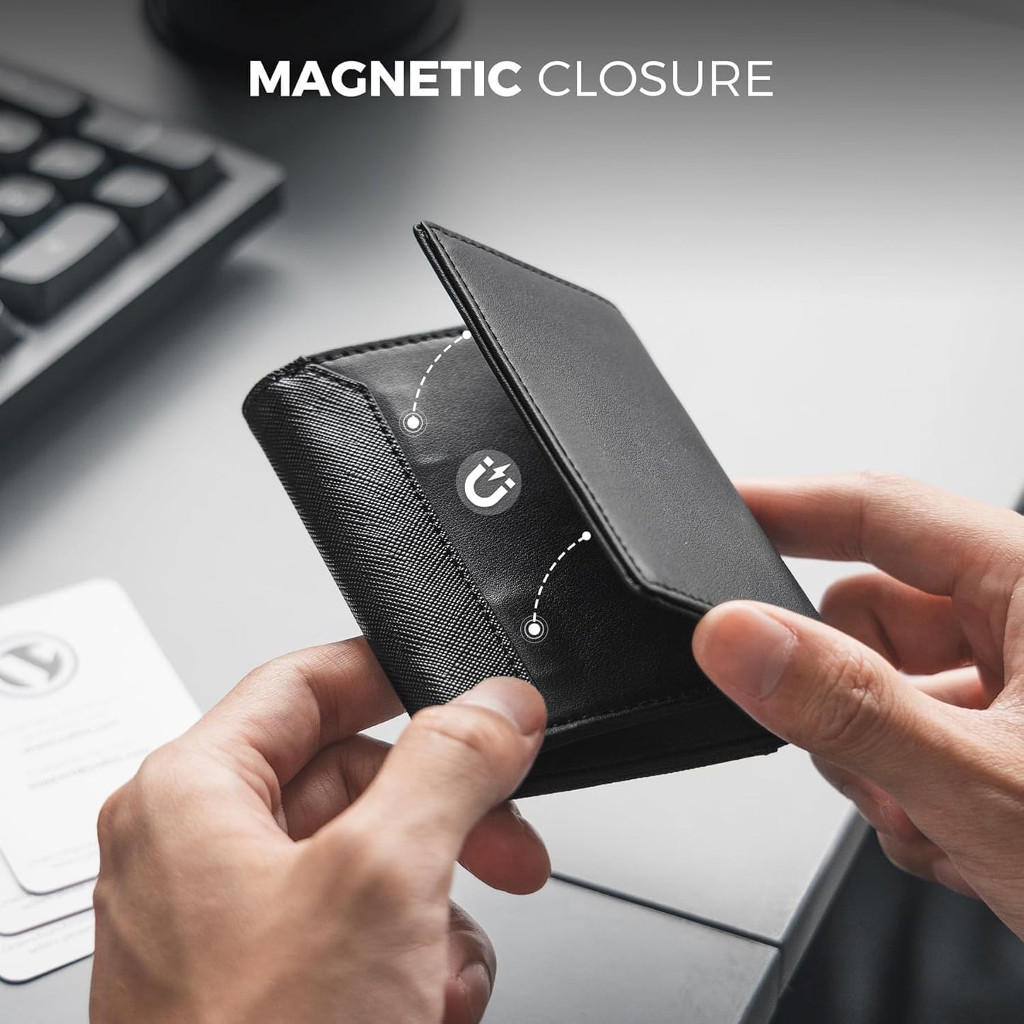 Real Leather Business Card Holder Premium RFID Blocking Card Case with ID Window and Magnetic Closure Holds Up to 40 Business Cards (Black)