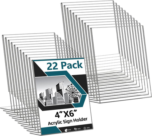 Acrylic Sign Holder 4x6, 22 Pack Clear Plastic Table Paper Display Stand, L-Shape Vertical Menu Holder Stand, Clear Picture Photo Flyer Display Stand for Restaurants, Store Show, Office Desktop