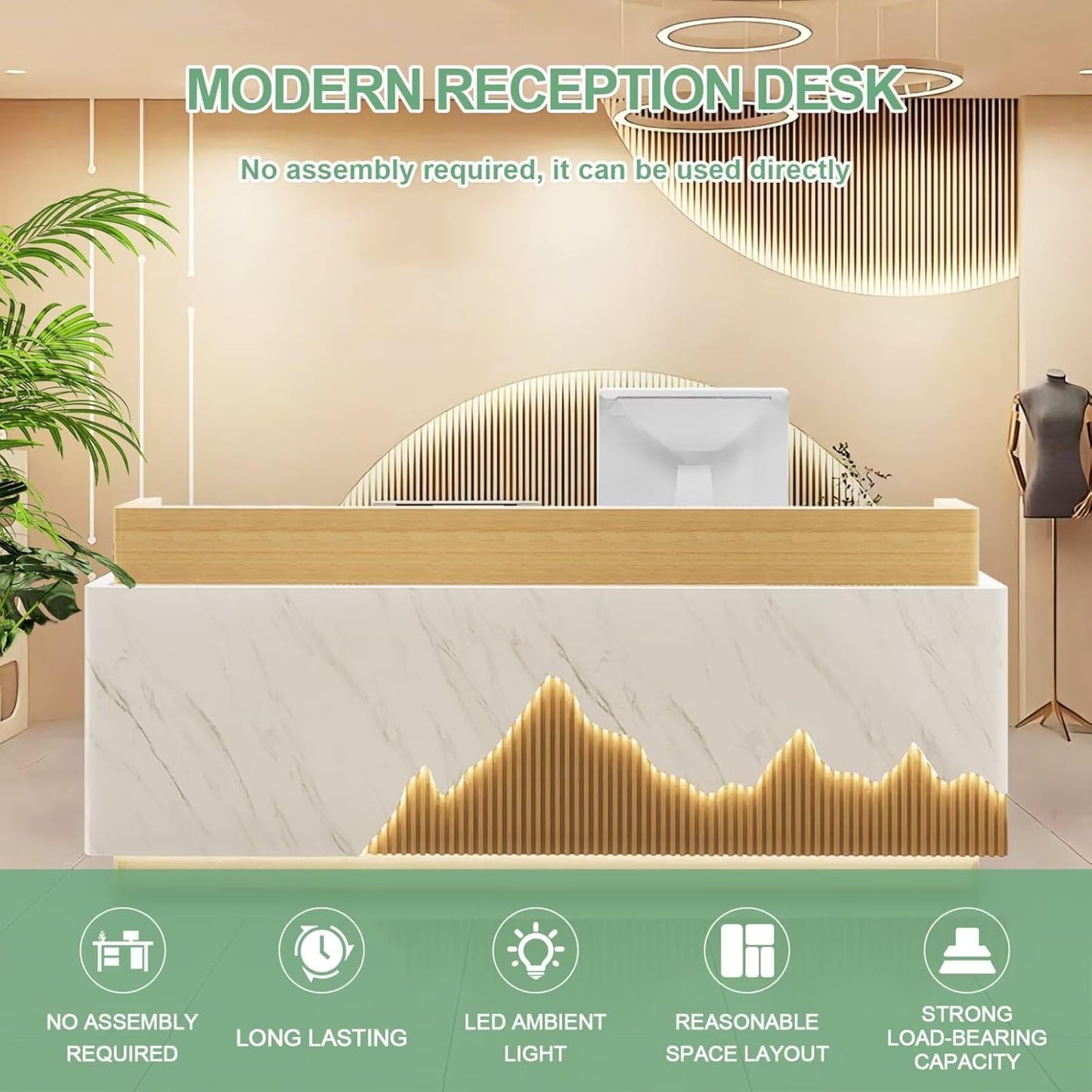 Reception Desk Modern Front Office Desk Reception Counter Receptionist Room Tables with Lock Drawer Checkout Cashier Counter for Lobby Beauty Salon, No Assembly Required White and Wood 79inch