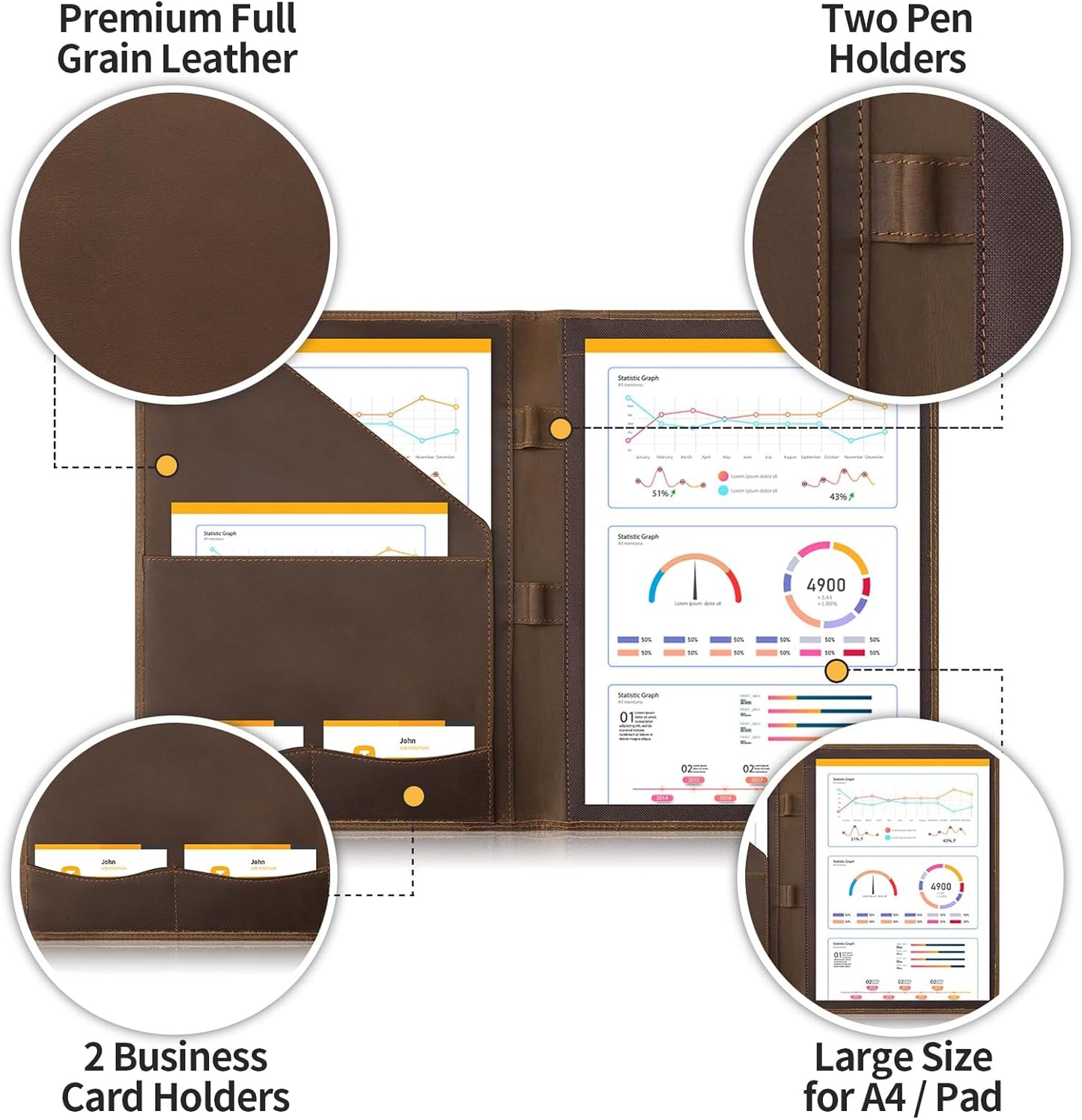 Ringsun Leather Portfolio Organizer for Men Women, Leather Padfolio Business Resume Legal Pad Portfolio Notebook Binder for A4/Pad, Leather Folio Leather Folder, Brown