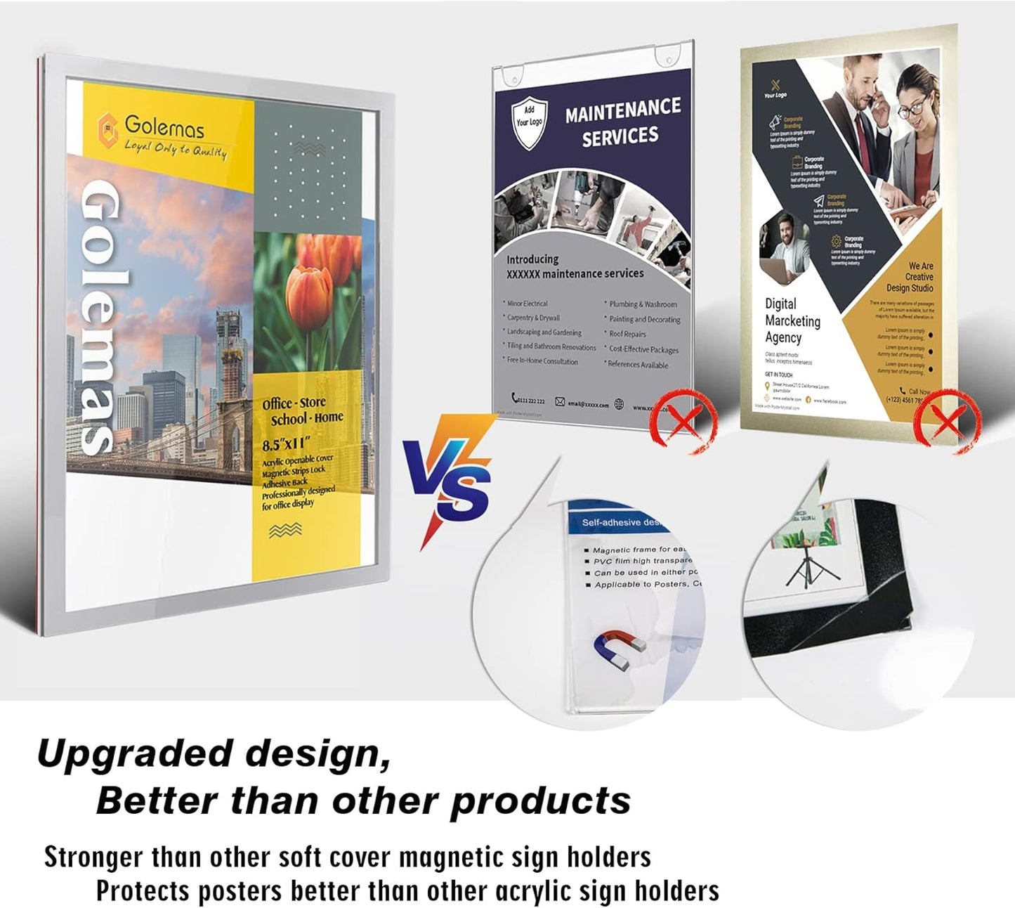 Acrylic Magnetic Sign Holder, Easy-Opening 8.5 x 11 Wall Mount Display Frames, Self Adhesive Back Plastic Clear Document Frame, Horizontal & Vertical Display (Silver, 6Pack)