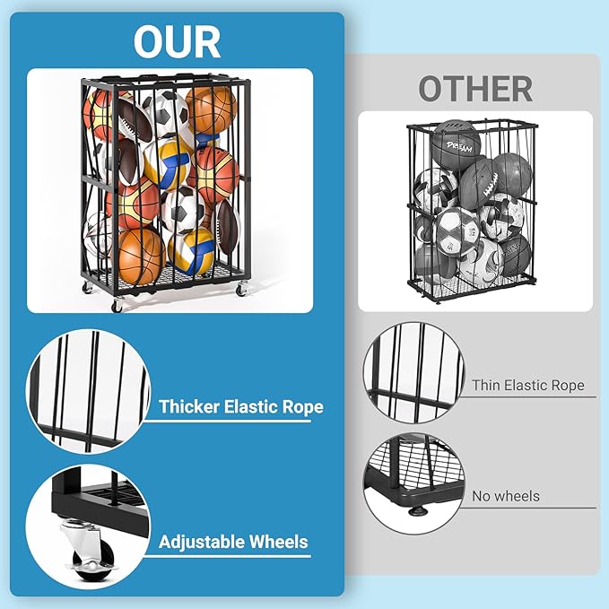 Ball Sports Organizer Storage Cart, Garage Metal Rolling Bin with Thicker Elastic Rope, Ball Holder Rack with Wheels for Volleyball, Basketball, Football, Toys, Gym, Outdoor & Indoor Equipment Storage