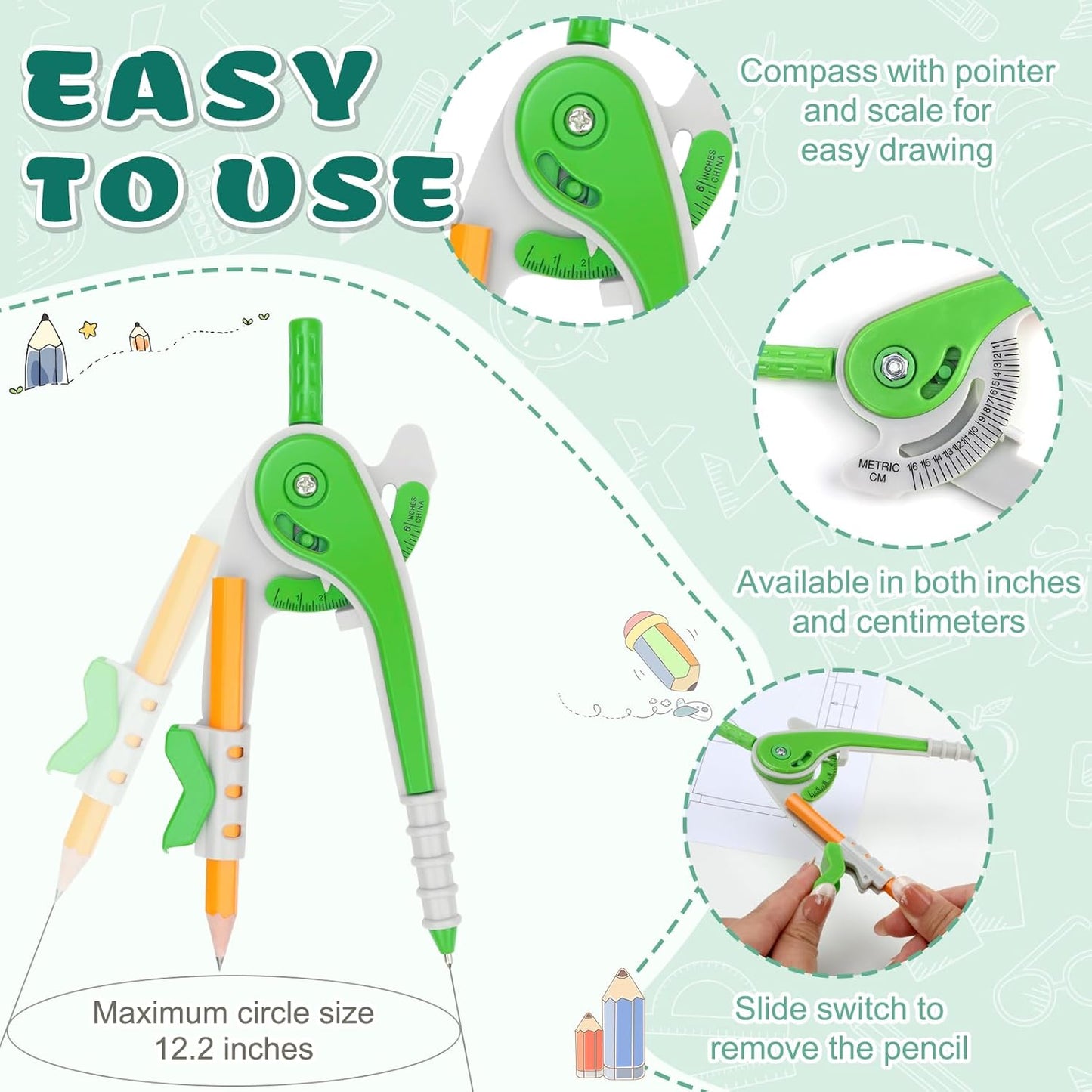 36 Pack Math Compass & Protractor Geometry Math Plastic Ruler Set Drawing Compass with Pencils 6 Inch Plastic Protractor for Geometry Bulk for Office Woodworking Art Drawing
