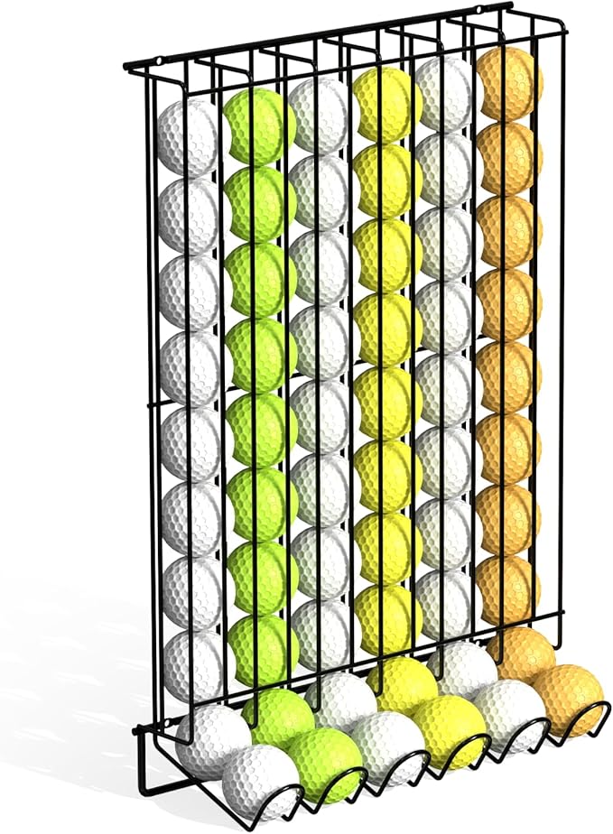 Golf Ball Holder for 60 Balls, Countertop & Wall-Mounted Golf Ball Dispenser, Metal Wire Display Rack for Home, Office, Indoor Simulator, Club, Driving Range, Black