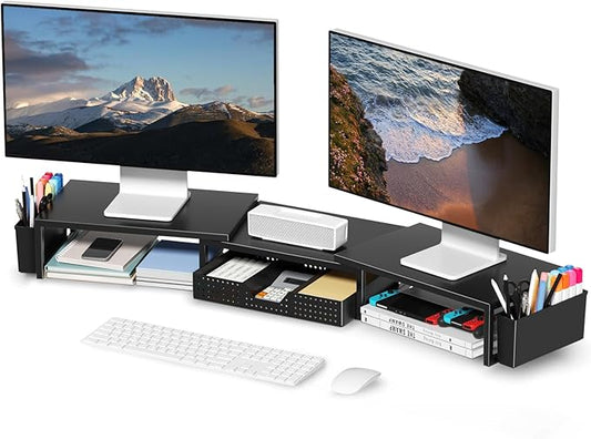 Desk Organizers and Accessories, Dual Monitor Stand Riser with Drawer and 2 Pen Holders, Desk Shelf Metal Computer Monitor Stand for Office Workspace Organizers, Desktop Organization (Black)