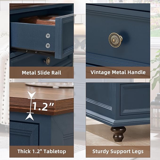 24" Wide Farmhouse Night Stand,Large End Table with 3 Drawers & Metal Handle,Blue Wood Dresser for Bedroom Cabinet, Bed Side Tabl·e Chest of Drawers,Nightstand for Living Room,Close