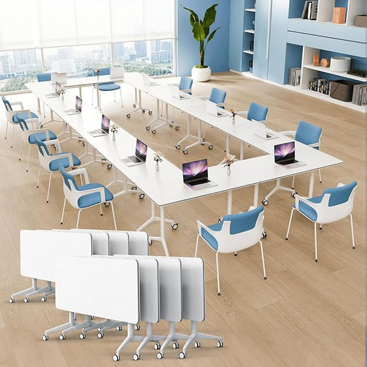 8pack Folding Conference Room Table, Modern Conference Tables with Silent Wheels, Large Rectangular Mobile Training Tables for Office Classroom, Foldable Modular Seminar Table White (L63in)