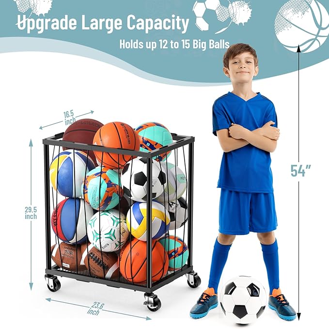 TomCare Garage Ball Rolling Storage Rack Large Capacity Basketball Holder with Elastic Rope [Hold 12-15 Balls][Easy to Take] Garage Sports Equipment Organizer cart with Wheels for Home, Outdoor Use