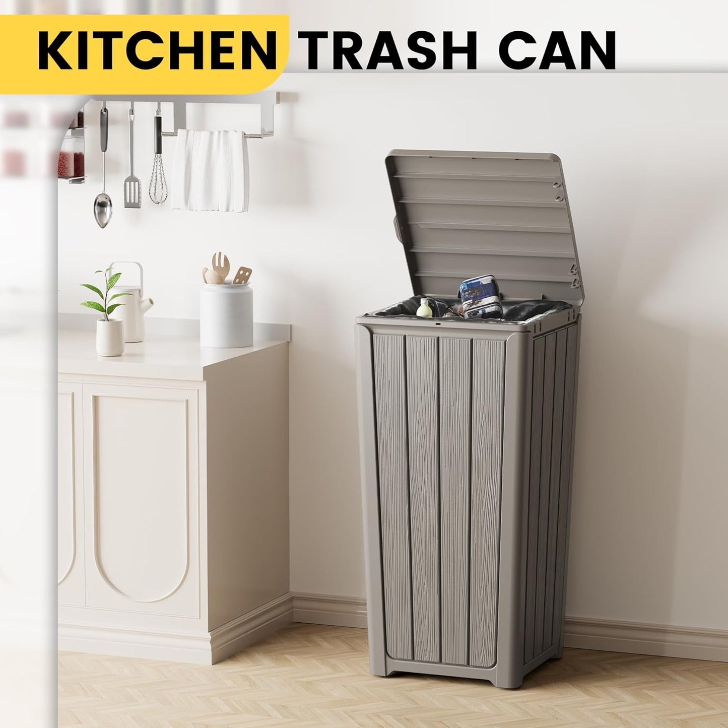 Outdoor Trash Can with Lid, Waterproof Resin Garbage Can with Tiered Lid, Outside Trash Bin for Patio, Kitchen, Backyard or Deck