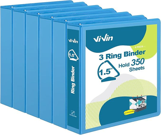 ViVin Sturdy 1.5 Inch 3 Ring Binder with Pockets, Slant-D Ring, PVC-Free, Customizable Clear View Binder,Holds 350 Sheets of 8.5" x 11" Paper, 6 Pack (Light Blue)