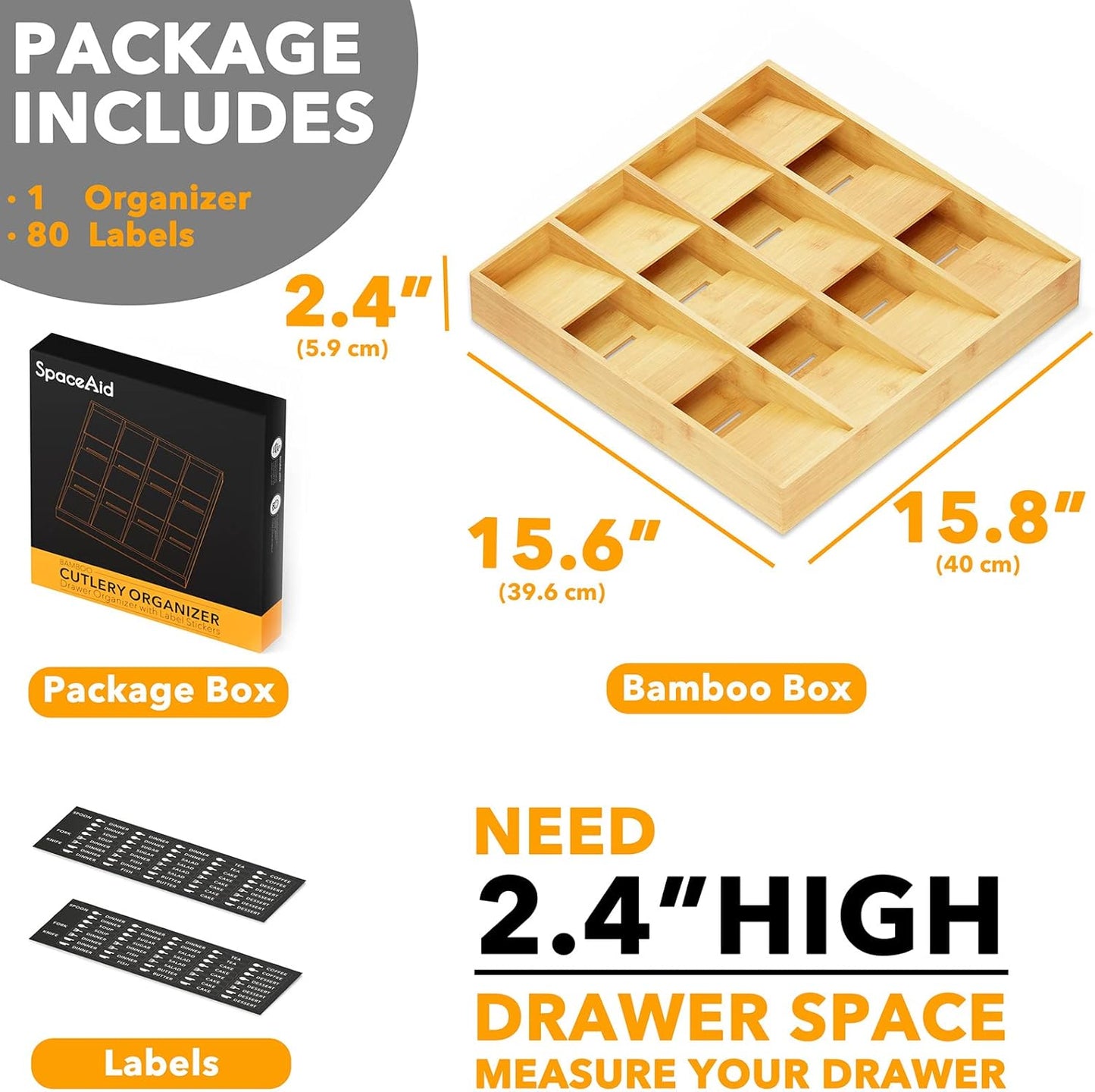 SpaceAid Bamboo Silverware Drawer Organizer with Labels, Kitchen Utensil Tray Holder Organizer for Flatware, Cutlery, Spoon and Knives Drawer Storage Organization (12 Slots)