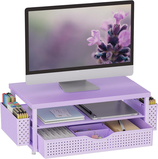 gianotter Wood Monitor Stand Riser, Desk Organizer with Drawer and 2 Pen Holders, 2-Tier Workspace Organizer for Office Supplies (Purple Wood)