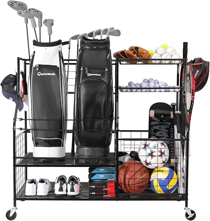 Sports Equipment Organizer, Sports Storage for Garage, Golf Bag Storage Rack, Golf Organizer Stand for Golf Club, Ball Storage Cart with Wheel for Garage, Gym, Shed, Outdoor