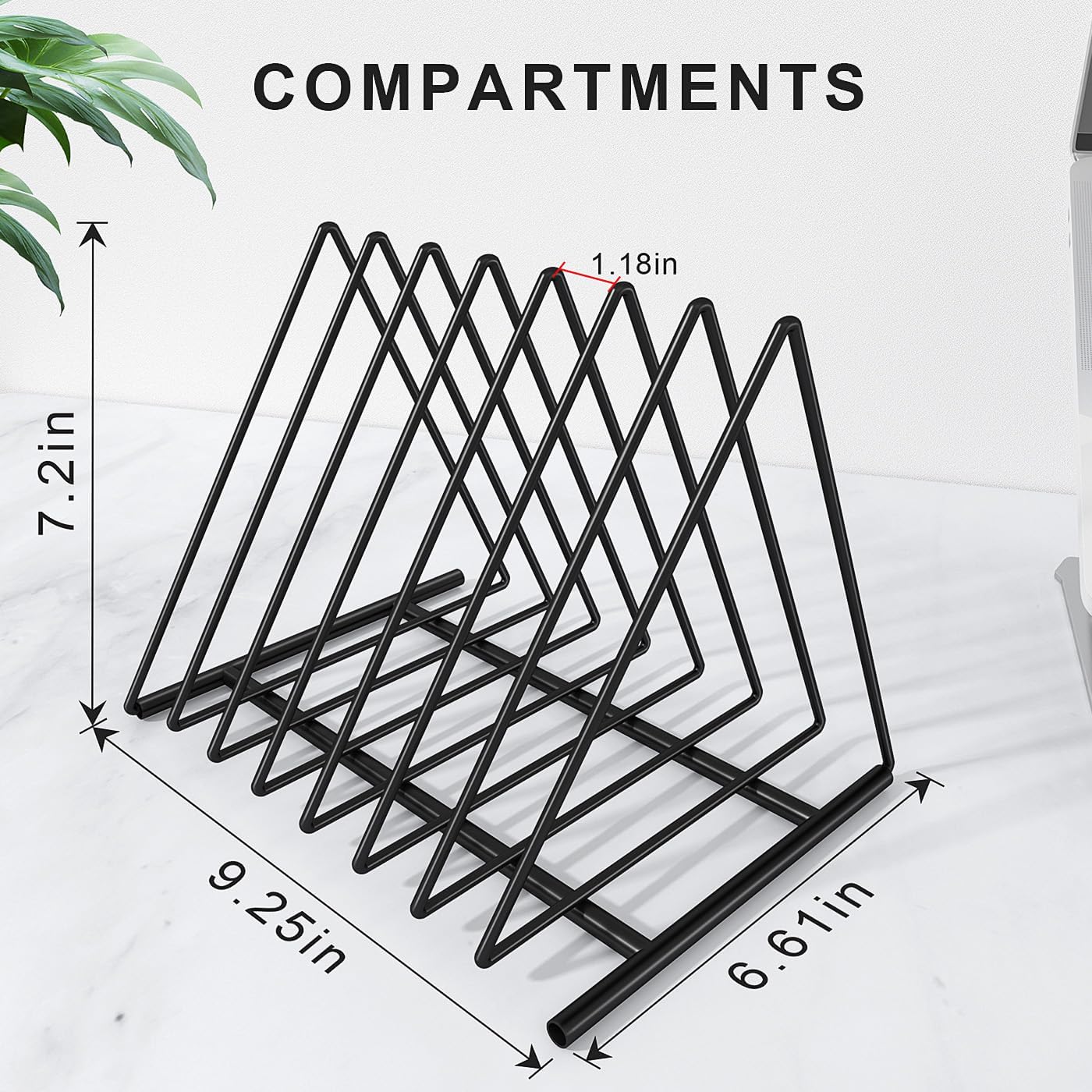 Triangle Desk File Organizer, 7 Slots Metal File Sorter Magazine Holder Document Rack,Desktop Bookshelf Organizer for Office Home School,Black