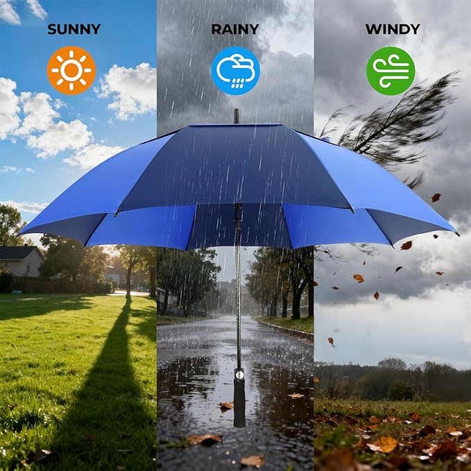 LLanxiry Automatic Open Golf Umbrella 54/62/68/72 Inch, Extra Large Windproof Vented Double Canopy Stick Umbrella, 210T Pongee Waterproof SPF 50+, Fiberglass Ribs, EVA Grip for Golf & Commute
