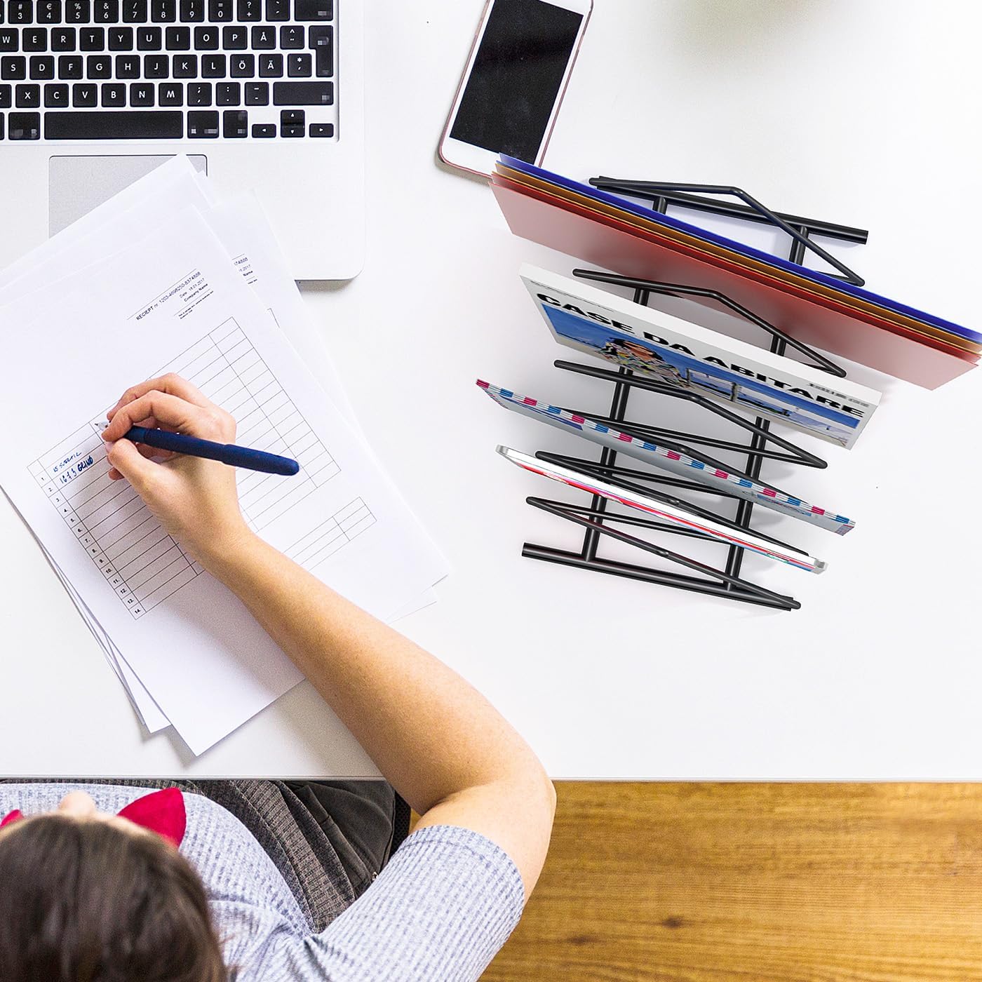 Triangle Desk File Organizer, 7 Slots Metal File Sorter Magazine Holder Document Rack,Desktop Bookshelf Organizer for Office Home School,Black