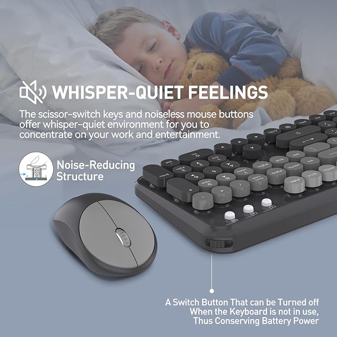 Wireless Keyboard and Mouse Combo, 104 Round Keys Cute Colorful Cordless Keyboard and Mouse with Retro Typewriter Black