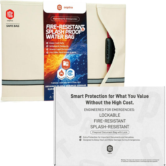 Fireproof Document Bag (Beige) – Waterproof Zipper & Lock – for Home, Office & Travel – Holds Files, Cash, Passport, Valuables – Fire & Water Resistant